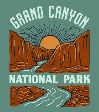 Klasik Grand Canyon Ulusal Park Illustration Design. Dağlı ve nehirli manzara