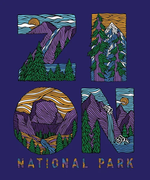 Dibujado Mano Parque Nacional Zion Lettering Vectores de stock libres de derechos