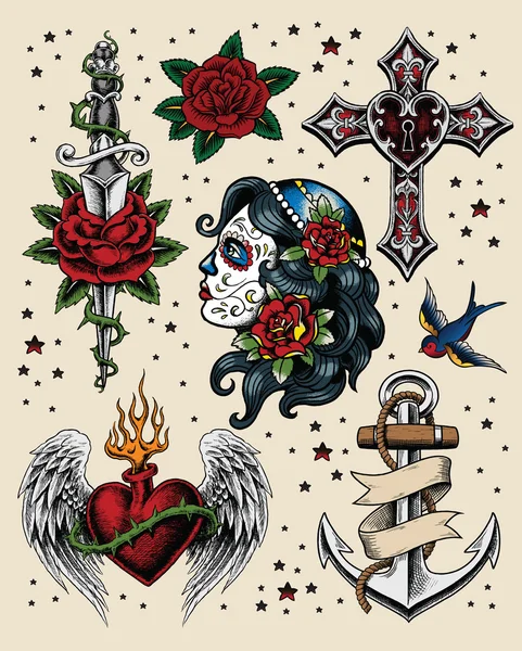 Tattoo Flash ilustracja zestaw — Wektor stockowy