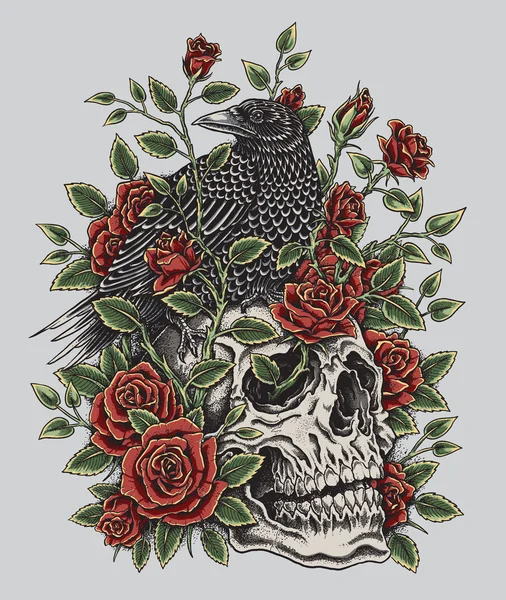 Projeto de tatuagem de corvo, rosas e crânio — Vetor de Stock