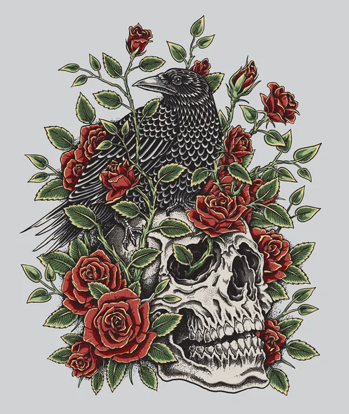 Crow, rosor och kranium Tattoo Design — Stock vektor