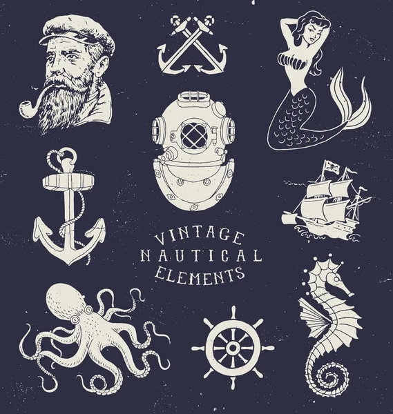 Tangan Vintage Ditarik Nautical Set Stok Vektor
