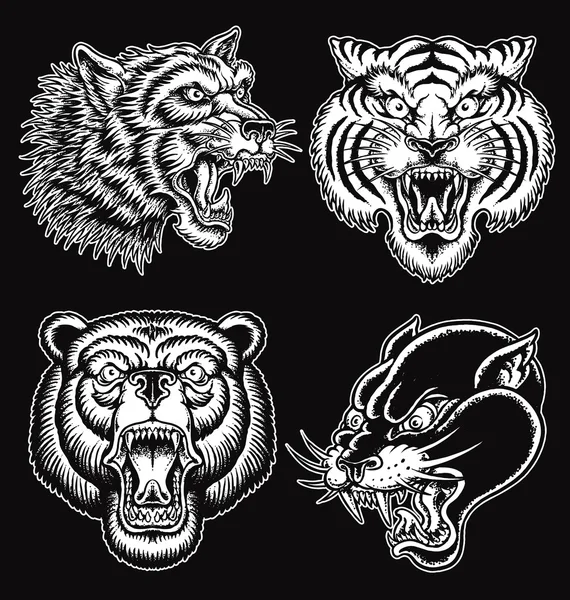 Zwart-wit hand getekend tatoeage stijl dierlijke gezichten Vectorbeelden