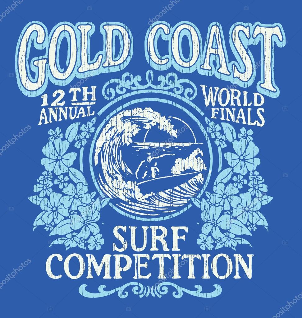 Vintage Surfing T-shirt Graphic Design. Gold Coast Surf Competition. Vintage Surfing T-shirt Graphic Design. Gold Coast Surf Competition.