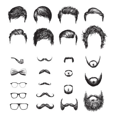 Set of different Hipster haircuts, beards, glasses, bowtie and pipe clipart