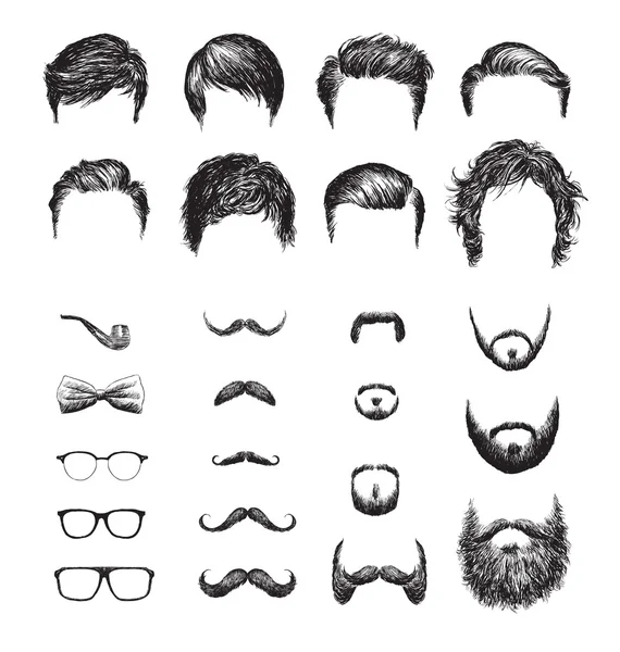 Conjunto de diferentes cortes de cabelo Hipster, barbas, óculos, gravata e cachimbo Ilustração De Stock