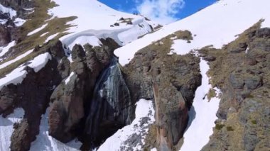 Kış mevsimi ve karlı dağ ormanı kuş bakışı manzaralı Muhteşem doğal manzara. 