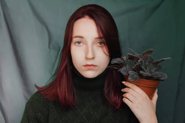 Retrato Uma Menina Bonita Com Uma Violeta Menina Tem Cabelo — Fotografia de Stock