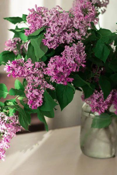 Lush Bouquet Lilacs Glass Jar Instead Vase Home Atmosphere — Stock Photo, Image