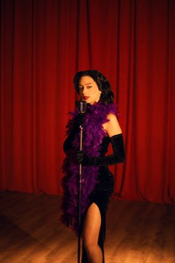 Akşam şovu sırasında kırmızı perdenin önünde mikrofonla sahnede zarif bir sanatçı.