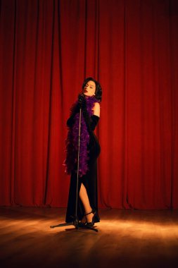 Akşam şovu sırasında kırmızı perdenin önünde mikrofonla sahnede zarif bir sanatçı.