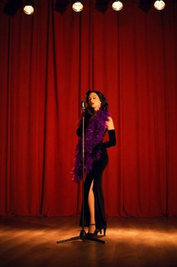 Akşam şovu sırasında kırmızı perdenin önünde mikrofonla sahnede zarif bir sanatçı.