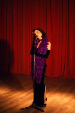 Akşam şovu sırasında kırmızı perdenin önünde mikrofonla sahnede zarif bir sanatçı.