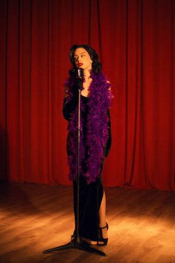 Akşam şovu sırasında kırmızı perdenin önünde mikrofonla sahnede zarif bir sanatçı.