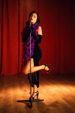 Akşam şovu sırasında kırmızı perdenin önünde mikrofonla sahnede zarif bir sanatçı.