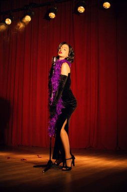 Akşam şovu sırasında kırmızı perdenin önünde mikrofonla sahnede zarif bir sanatçı.