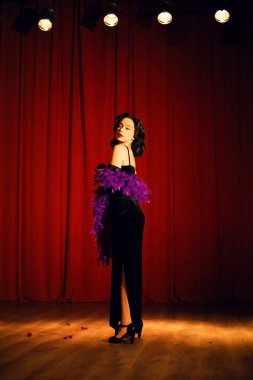 Mor tüylü siyah elbiseli dansçı sahne ışıkları altında bir tiyatro sahnesinde gösteri yapıyor.