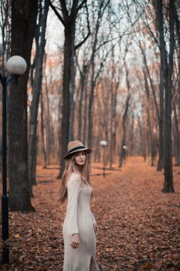 Genç bir kadın güzel bir sonbahar orman patikasında yürüyor. Etrafı renkli ağaçlar ve düşen yapraklarla çevrili.