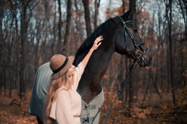 Ekim 'de gün ışığında sonbahar yapraklarıyla ormanda bir atın yanında duran kadın.