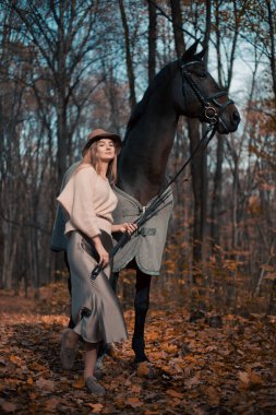 Ekim 'de gün ışığında sonbahar yapraklarıyla ormanda bir atın yanında duran kadın.
