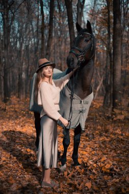 Ekim 'de gün ışığında sonbahar yapraklarıyla ormanda bir atın yanında duran kadın.