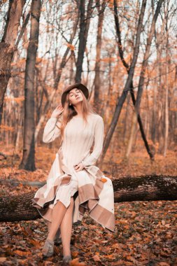 Kadın, sonbaharda bir ormanda düşmüş bir kütüğe zarif bir şekilde oturur. Hafif bir elbise ve şık bir şapka giyer.