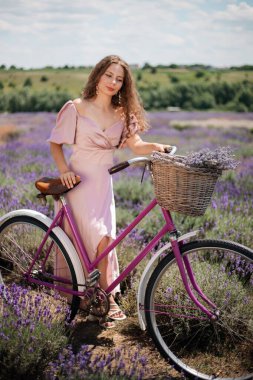 Güneşli bir günde yeşil tepelerle çevrili lavanta tarlasında bisikletiyle duran bir kadın.