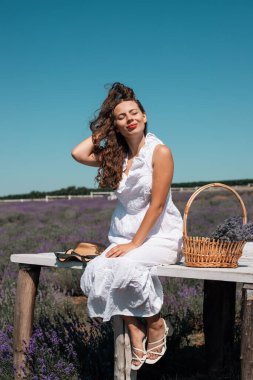 Kadın lavanta tarlasında ahşap bankta oturur parlak güneş ışığında sepeti tutar ve çiçeklerin kokusundan zevk alır.
