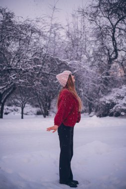 Kadınlar kış sabahı parkta kar yağışı severler. Ağaçlar ve karlar zemini kaplar.