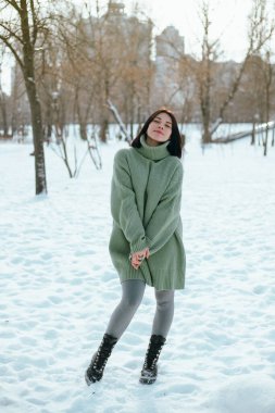 Kadın, kış öğleden sonrası boyunca arka planda ağaçlar ve binalar olan yeşil bir kazak giyerek karlı parkta duruyor.