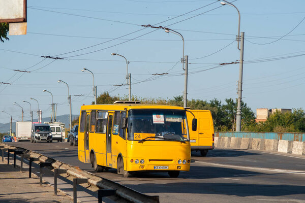 CHERNIVTSI, UKRAINE - September 23, 2020. Bus Bogdan A09202 riding with passengers in the streets of Chernivtsi.