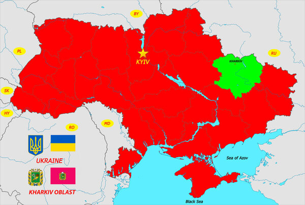 Ukrainian map with the capital Kyiv, wiyh the flags and coats of arms of Ukraine and Kharkiv oblast.
