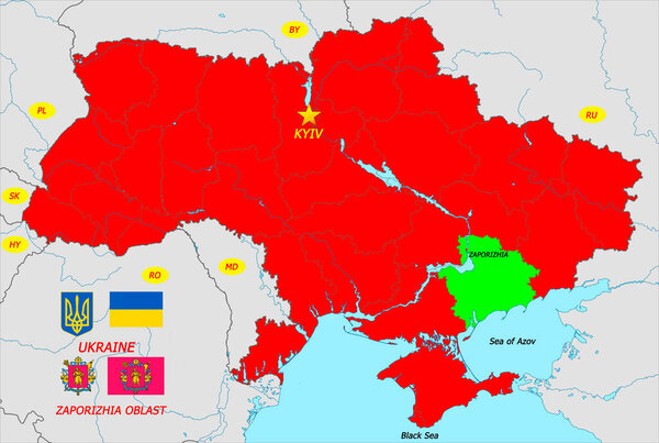 Ukrainian map with the capital Kyiv, wiyh the flags and coats of arms of Ukraine and Zaporizhia oblast.