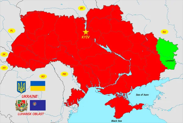 Ukrajinská Mapa Hlavním Městem Kyjevem Vlajkami Erby Ukrajiny Luhanské Oblasti — Stock fotografie