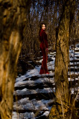 Güzel dikey portre. Şehvetli bir kadının görüntüsü, yüksek ve renkli, kırmızı elbiseli, iki ağacın arasında duruyor..