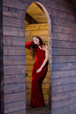 Güzel dikey portre. Şehvetli bir kadının görüntüsü, yüksek ve renkli, kırmızı elbiseli, ahşap bir odada poz veriyor..