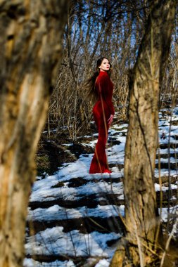 Güzel dikey portre. Şehvetli bir kadının görüntüsü, yüksek ve renkli, kırmızı elbiseli, iki ağacın arasında duruyor..