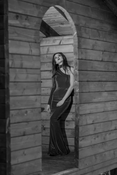 美丽的垂直肖像 穿着连衣裙的性感女子的形象 身材高挑 在一间木制房间里摆出姿势 — 图库照片