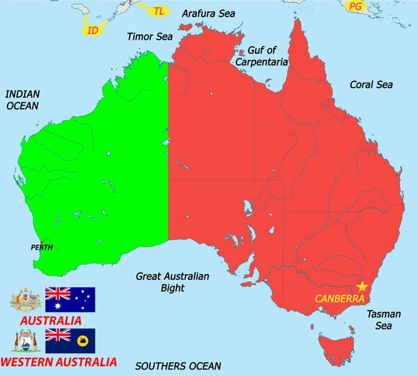 首都キャンベラとオーストラリアの地図 オーストラリアと西オーストラリア州の腕の旗やコートと — ストック写真