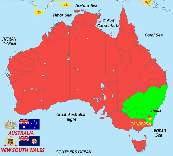 Mapa Australiano Con Capital Canberra Con Las Banderas Escudos Armas — Foto de Stock