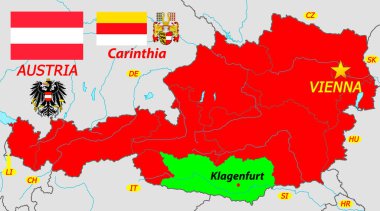 Avusturya 'nın başkenti Viyana' nın haritası, Avusturya 'nın bayrakları ve paltoları ve Carinthia eyaleti.