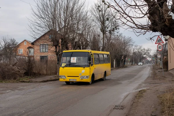 CHERNIVTSI, UKRAINE - March 12, 2021. Bus Bogdan A09201 riding with passengers in the streets of Chernivtsi. 