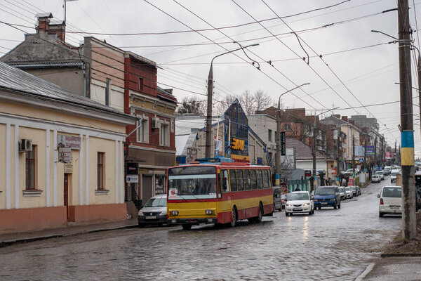 CHERNIVTSI, UKRAINE - March 23, 2021. Trolleybus Skoda 14Tr #379 (ex. Kosice #2002) riding with passengers in the streets of Chernivtsi. 