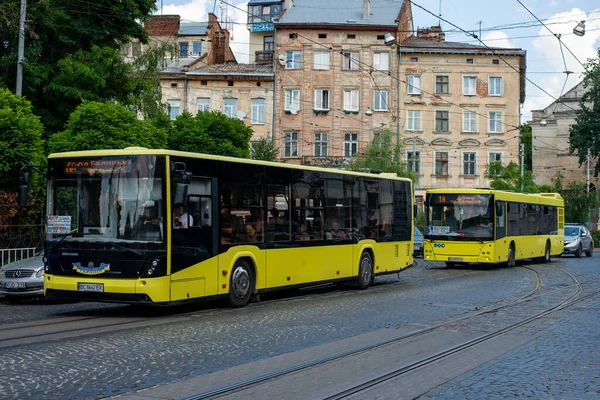 Lviv Ukraine 2021年7月7日 電気バスA185とMaz 203は リヴィウの通りに乗客と一緒に乗って — ストック写真