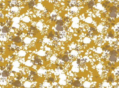 Güzel şakayık çiçekleri ve sarı arka planda yaprakları olan kusursuz bir desen. Moda tasarımı. Vektör illüstrasyonu.