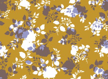 Güzel şakayık çiçekleri ve sarı arka planda yaprakları olan kusursuz bir desen. Moda tasarımı. Vektör illüstrasyonu.