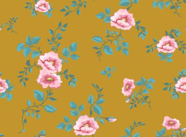 seamless pattern with beautiful peony,rose flowers and leaves on yellow background. Fashion design. Vector illustration.