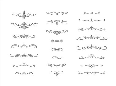 Zarif El çiçek süsleme metni ayırıcıları, oklar girdaplar, parşömenler ve defne tasarım ögeleri ayarlandı