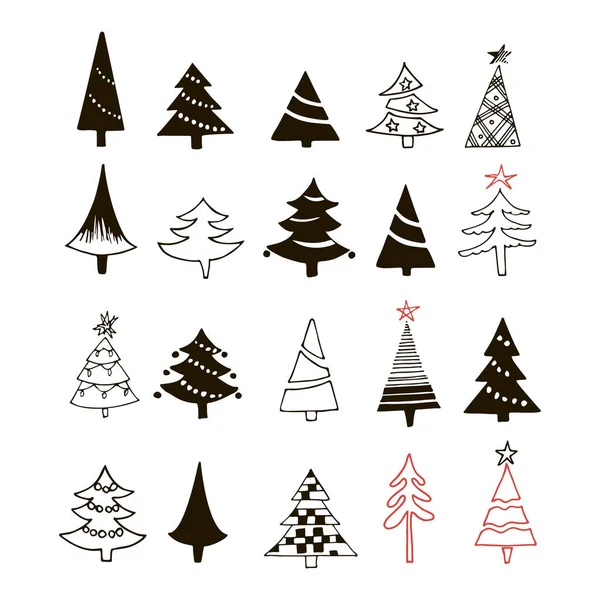 Icônes de sapin de Noël dessinés à la main mis isolé sur fond blanc — Image vectorielle