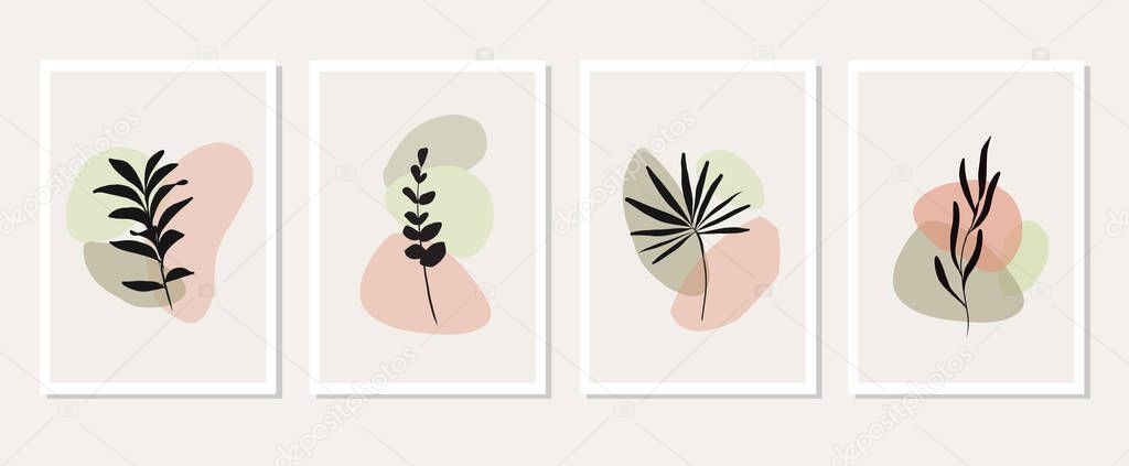 Collection of contemporary art posters Botanical wall art Abstract leaves foliage stain shapes. vector set Design for print cover wallpaper social media